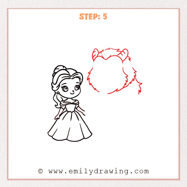 how to draw a beauty and the beast - Step 5: The Beast’s head outline is drawn with a fluffy mane, curved horns, and small ears.